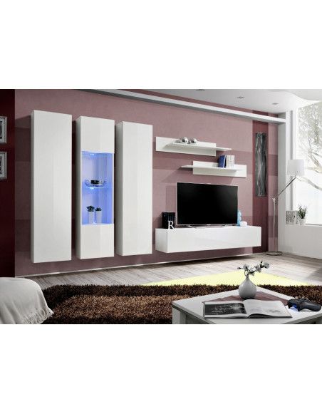 Ensemble meuble TV mural  - Fly V - 310 cm x 190 cm x 40 cm - Blanc