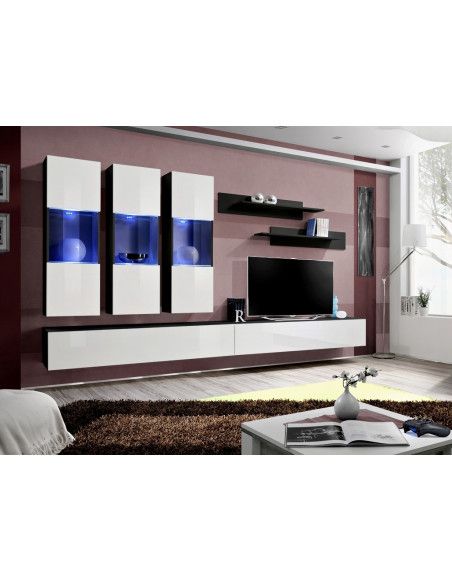 Ensemble meuble TV mural  - Fly II - 320 cm x 190 cm x 40 cm - Noir et blanc