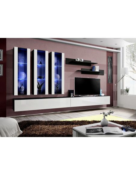 Ensemble meuble TV mural  - Fly III - 320 cm x 190 cm x 40 cm - Noir et blanc