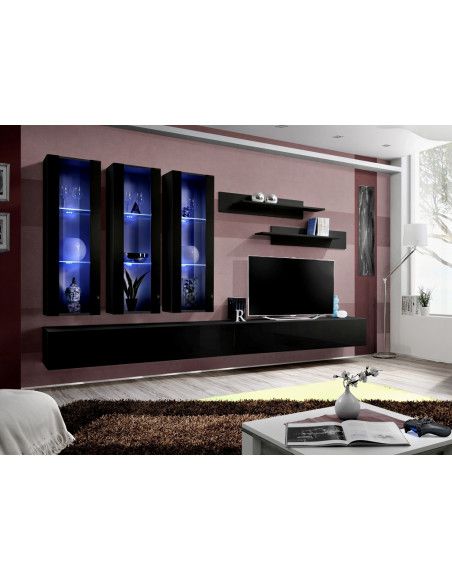 Ensemble meuble TV mural  - Fly IV - 320cm x 190 cm x 40 cm - Noir