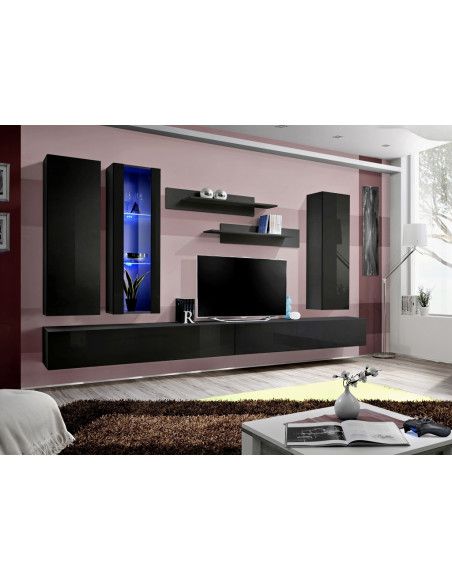 Ensemble meuble TV mural  - Fly III - 320 cm x 190 cm x 40 cm - Noir