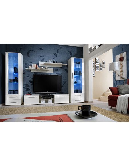 Ensemble meuble TV mural  - GALINO C - 320 cm  x 190 cm x 45 cm - Blanc