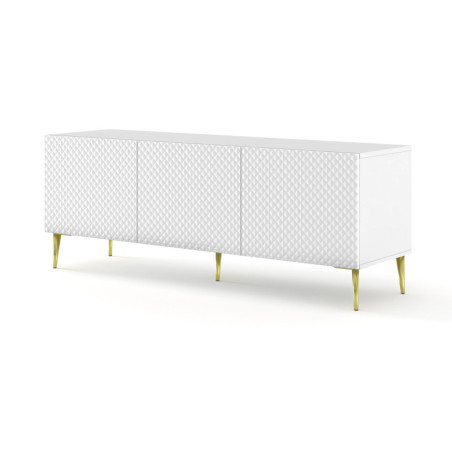 Meuble TV à trois portes avec pieds doré "Ravenna" - Blanc brillant - L 150 cm