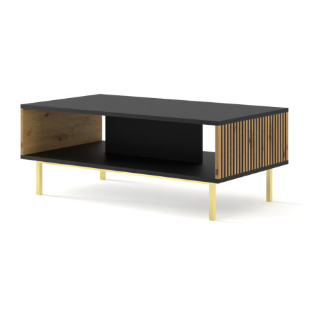 Table basse à pieds doré avec façade fraisé "Ravenna" - Noir/Marron clair- L 90 x l 60 cm