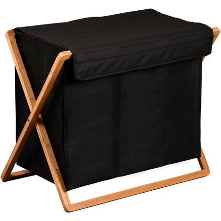 Panier à linge à 3 compartiments en bambou et tissu - Noir/Beige - L 69 x H 56,5 cm