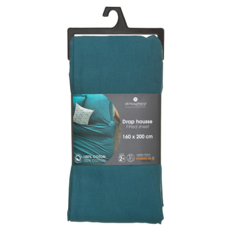 Drap housse 2 personnes avec bonnet - Bleu canard - l 160 x L 200 cm