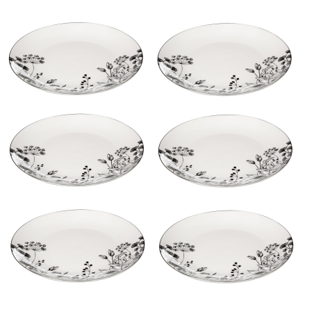 Lot de 6 assiettes plate "White floral" - Blanc/Noir - D 27 cm