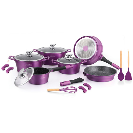 Batterie de cuisson complète effet marbre - 17 pièces - Tous feux - Violet