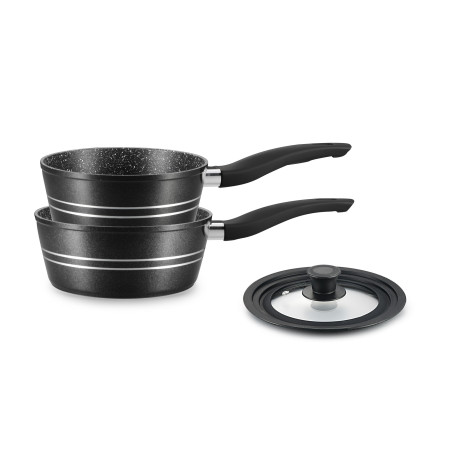 Set de 2 casseroles Ø 18/20 cm avec couvercle silicone universel - Revêtement effet marbre - Noir