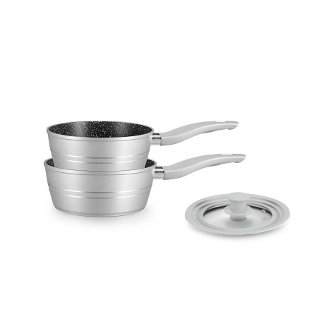 Set de 2 casseroles Ø 18/20 cm avec couvercle silicone universel - Revêtement effet marbre - Gris argenté