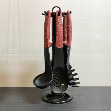 Set de 6 ustensiles de cuisine avec support rotatif - Manches effet pierre - Rouge/Noir - H 36 cm