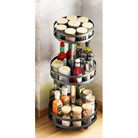 Etagère rotative multirangements H 57,5 cm x D 26 cm : épices, boîtes, flacons | Support rond 3 niveaux | Noir