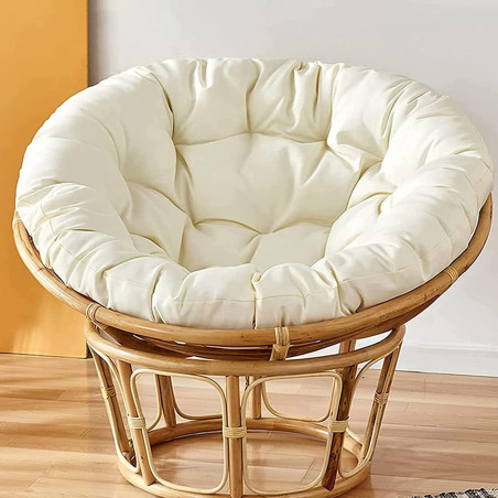 Fauteuil Papasan en rotin beige - Chaise pour Extérieur ou Intérieur - Coussin blanc cassé - D 110 cm x H 80 cm