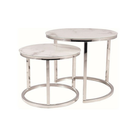 Set de 2 tables basses rondes effet marbre "Atlanta B II" - Blanc/Chrome - D 53 x H 45 cm