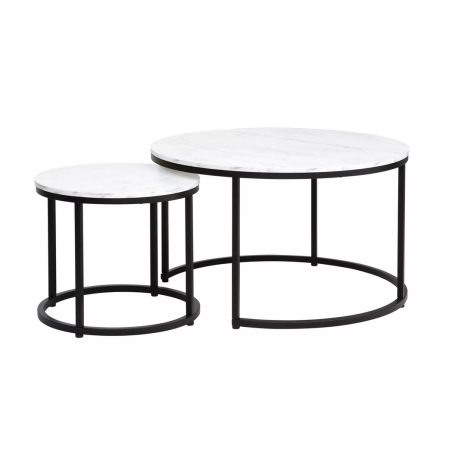 Set de 2 tables basses rondes effet marbre "Dion" - Blanc/Noir - D 80 x H 48 cm