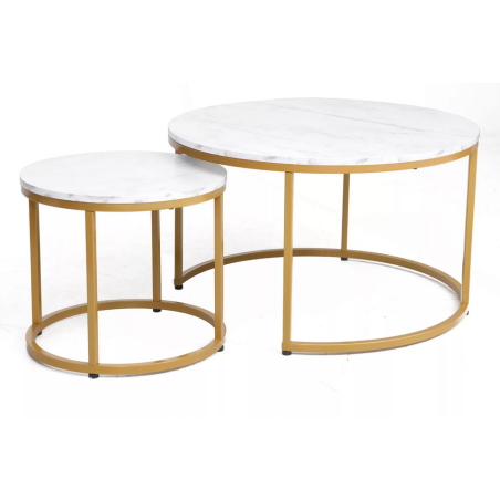 Set de 2 tables basse effet marbre "Dion" - Blanc/Doré - D 80 x H 48 cm