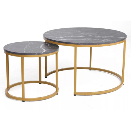 Set de 2 tables basse effet marbre "Dion" - Noir/Doré - D 80 x H 48 cm