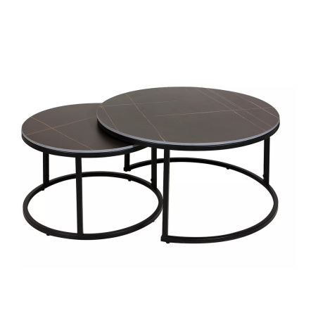 Set de 2 tables basse effet marbre "Ferrante D" - Noir mat - D 80 x H 42 cm