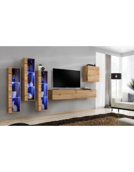 Ensemble mural - Switch XIII - 3 vitrines LED - 1 banc TV - 1 vitrine carrée - Bois