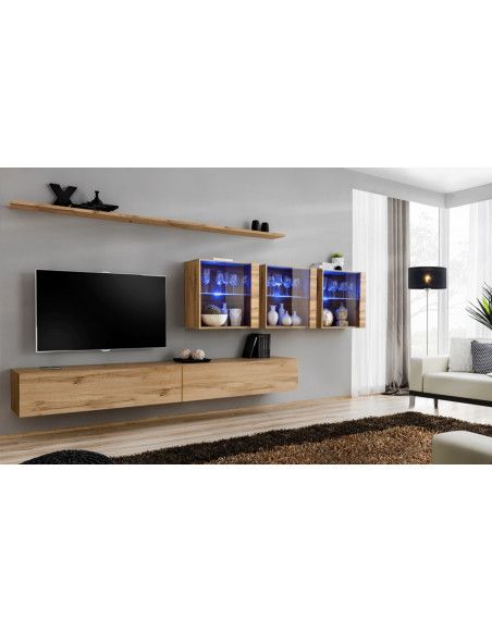 Ensemble mural - Switch XVII - 3 vitrines LED - 2 banc TV - 2 étagères - Bois