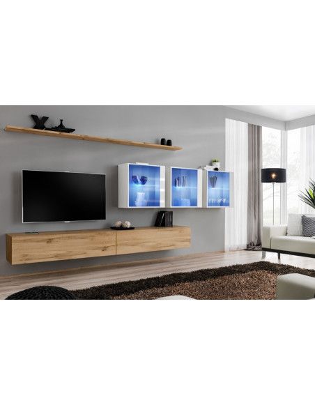 Ensemble mural - Switch XVII - 3 vitrines LED - 2 banc TV - 2 étagères - Bois et blanc - Modèle 1