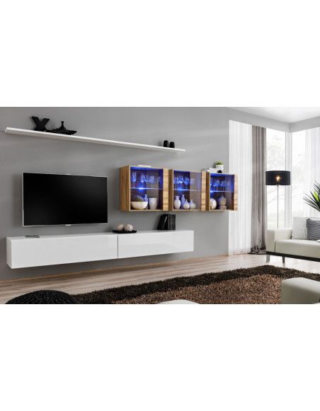 Ensemble mural - Switch XVII - 3 vitrines LED - 2 banc TV - 2 étagères - Bois et blanc - Modèle 2