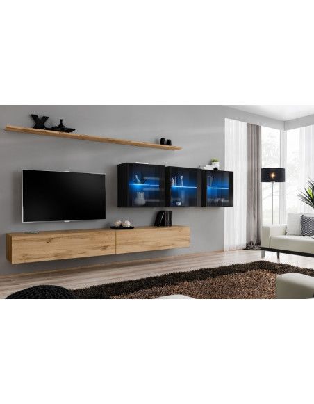 Ensemble mural - Switch XVII - 3 vitrines LED - 2 banc TV - 2 étagères - Bois et noir - Modèle 1