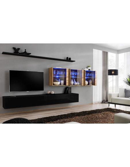 Ensemble mural - Switch XVII - 3 vitrines LED - 2 banc TV - 2 étagères - Bois et noir - Modèle 2