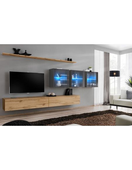 Ensemble mural - Switch XVII - 3 vitrines LED - 2 banc TV - 2 étagères - Bois et graphite - Modèle 1