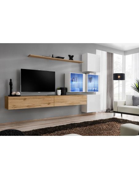 Ensemble mural - Switch XIX - 4 vitrines - 2 bancs TV - 1 étagère - Bois et blanc - Modèle 1