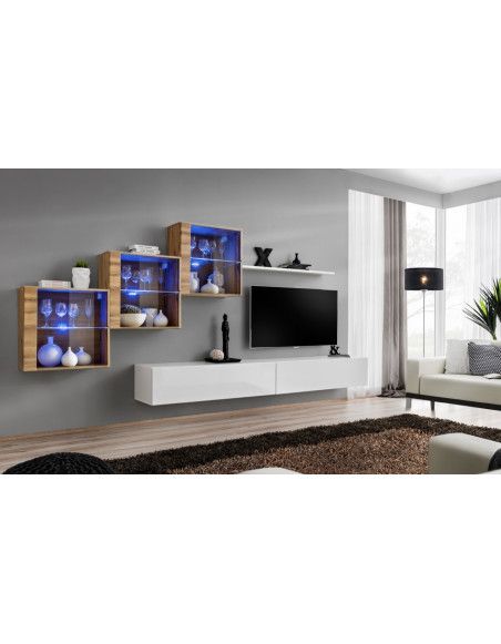 Ensemble mural - Switch XX - 3 vitrines - 2 bancs TV - 1 étagère - Bois et blanc - Modèle 1