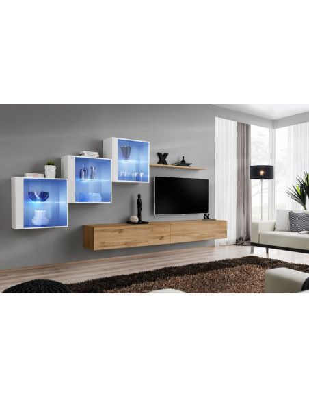 Ensemble mural - Switch XX - 3 vitrines - 2 bancs TV - 1 étagère - Bois et blanc - Modèle 2