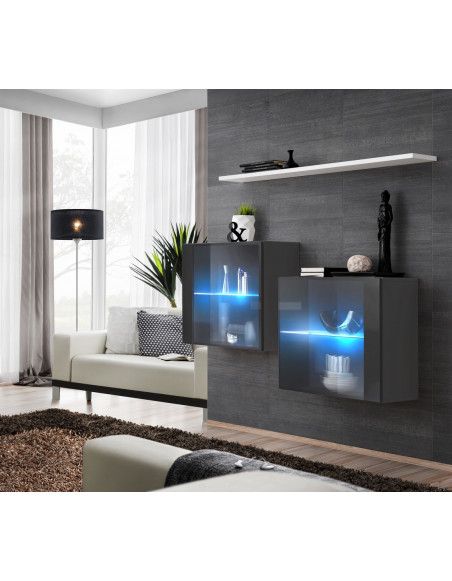 Commode - Switch SB III - 2 vitrines LED - 1 étagère - Blanc et graphite - Modèle 2