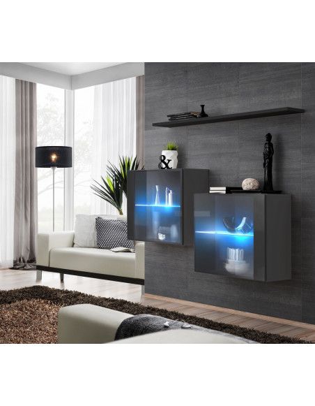 Commode - Switch SB III - 2 vitrines LED - 1 étagère - Noir et graphite - Modèle 1