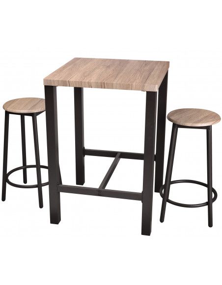 Table de bar et deux tabourets - Marron clair/Noir - L 60 x l 60 x H 86 cm