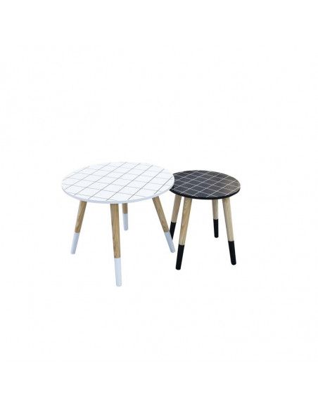 Set de 2 tables gigognes avec plateau motif carreaux - L 43 x l 43 x H 48 cm - Blanc et Bleu