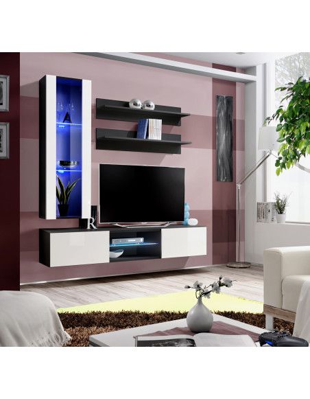 Ensemble TV mural - Fly S2 - 160 x 40 x 190 cm - Blanc et blanc