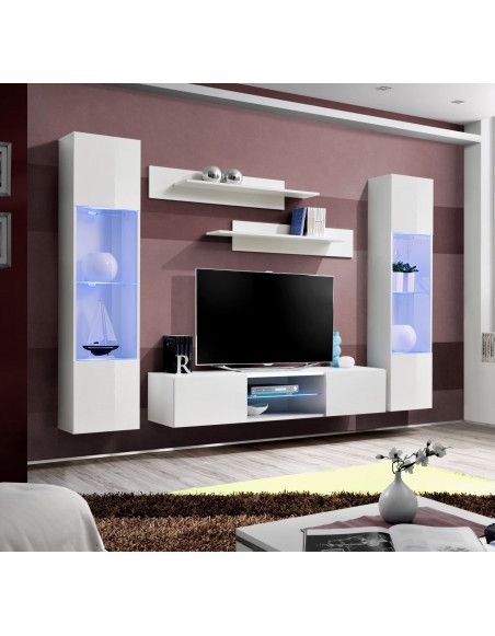 Ensemble meuble TV mural - FLY O3 - 260 x 40 x 190 cm - Blanc