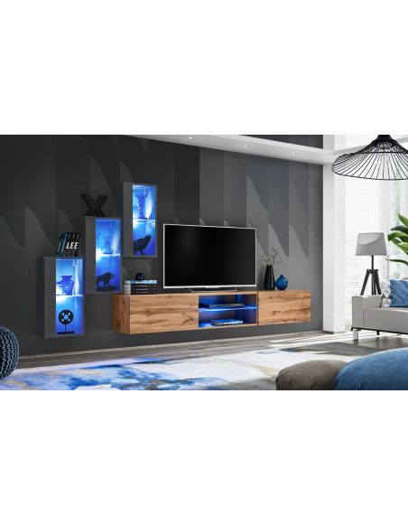 Ensemble meuble TV mural Switch XXII - L 240 x P 40 x H 170 cm - Gris et marron