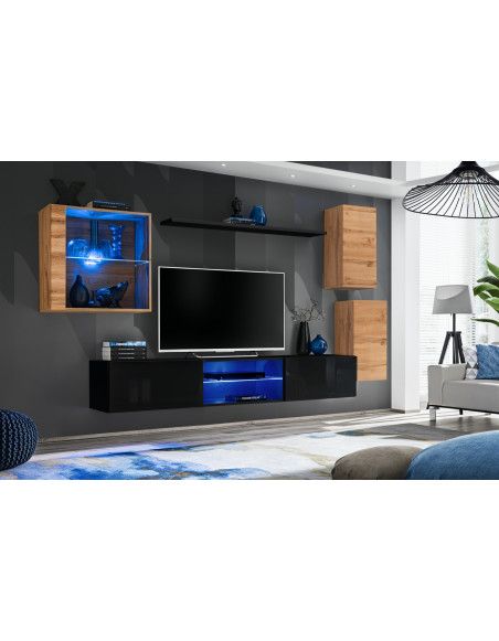 Ensemble meuble TV mural Switch XXIII - L 250 x P 40 x H 140 cm - Noir et marron