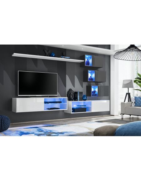 Ensemble meuble TV mural Switch XXIV - L 260 x P 40 x H 170 cm - Blanc et gris