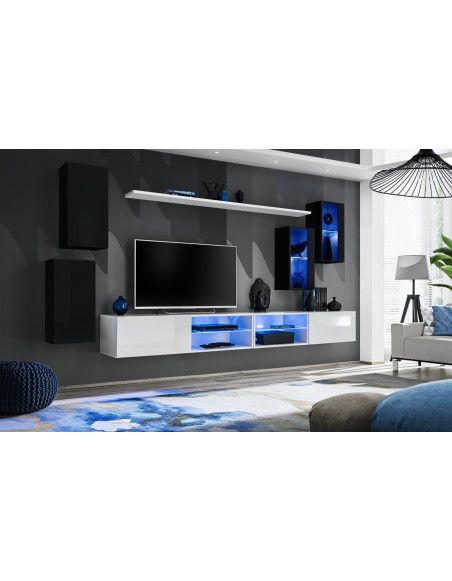 Ensemble meuble TV mural Switch XXV - L 280 x P 40 x H 140 cm - Blanc et noir