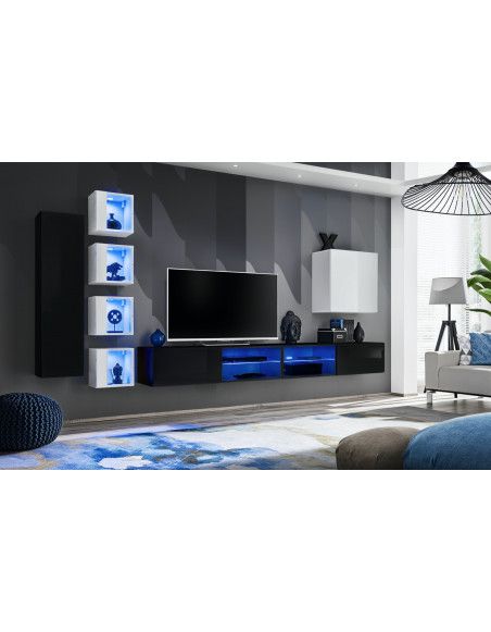 Ensemble meuble TV mural Switch XXVI - L 320 x P 40 x H 150 cm - Noir et blanc