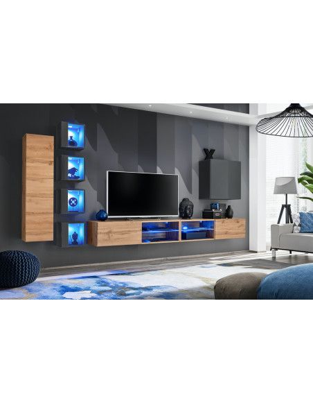 Ensemble meuble TV mural Switch XXVI - L 320 x P 40 x H 150 cm - Gris et marron