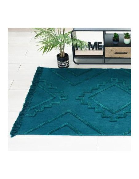 Tapis tufté à franges - Inca - 120 x 170 cm - Bleu